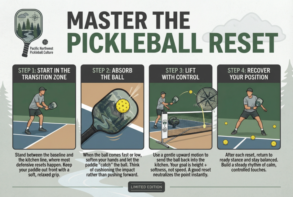 pickleball reset drills for beginners practicing soft hands at the kitchen line