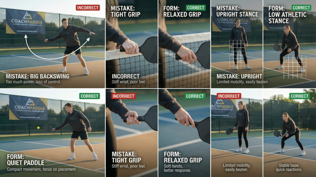 "pickleball reset drills for beginners showing common mistakes like tight grip and big swings