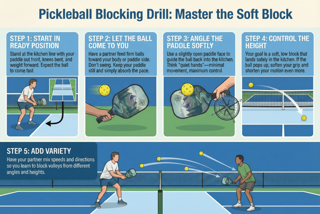Player demonstrating Pickleball Block Volleys with soft hands and proper paddle angle at the kitchen line.
