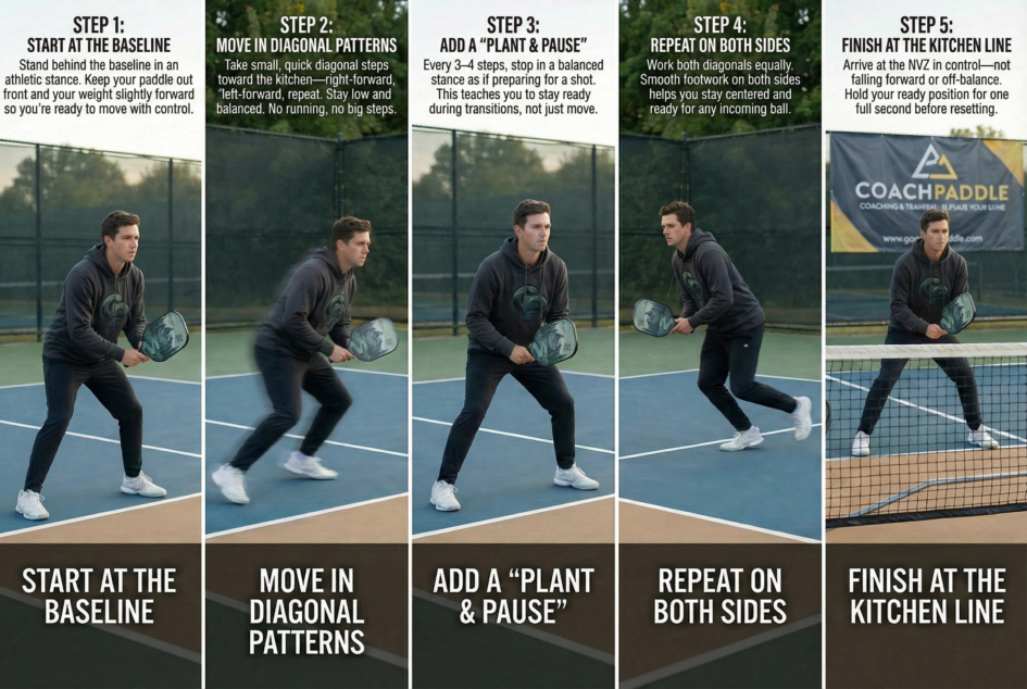 “pickleball transition footwork practice routine drill”