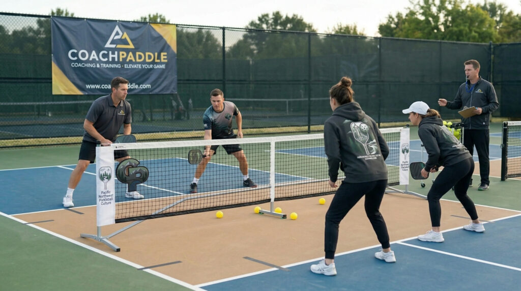 “Player using pickleball cross‑court dinking tactics to move an opponent off the court.”