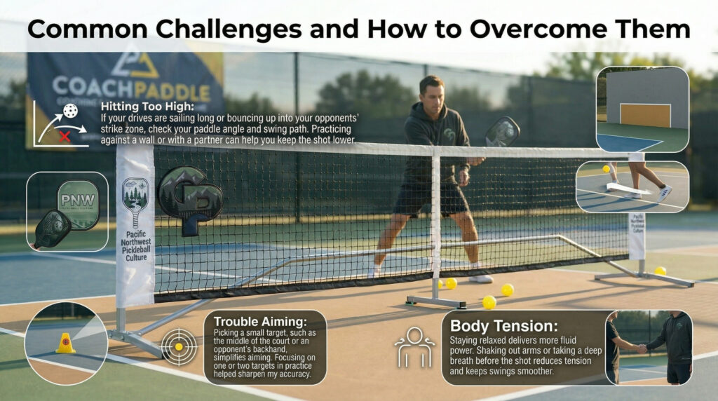 Common pickleball challenges with tips on how to overcome mistakes and improve your third shot drive.