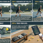 Beginner practicing pickleball volley control drill at the kitchen line.