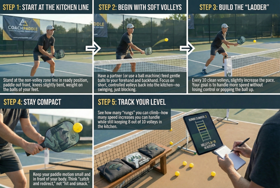 Beginner practicing pickleball volley control drill at the kitchen line.