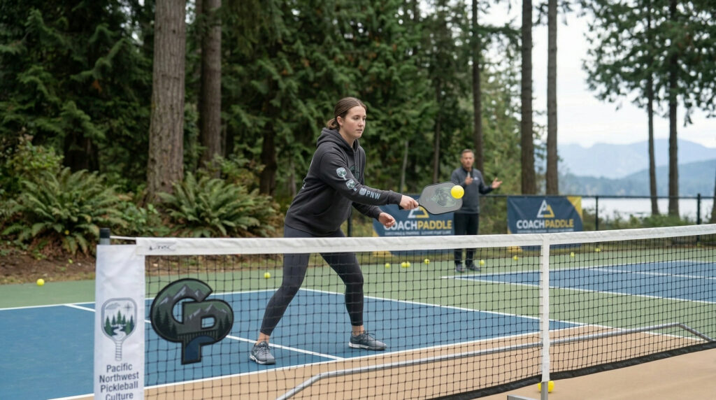“Beginner practicing key pickleball volley‑control fundamentals, showing loose grip, paddle‑up ready position, short backswing, balanced stance, and focused eye‑tracking.”