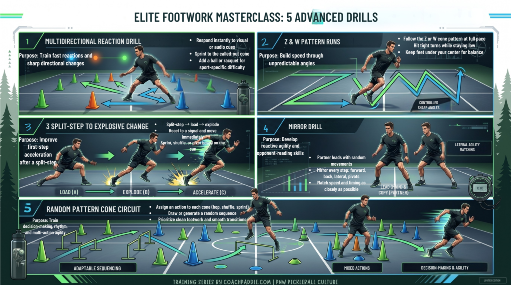 Advanced Footwork Drills for Competitive Players infographic showing five elite movement patterns.

