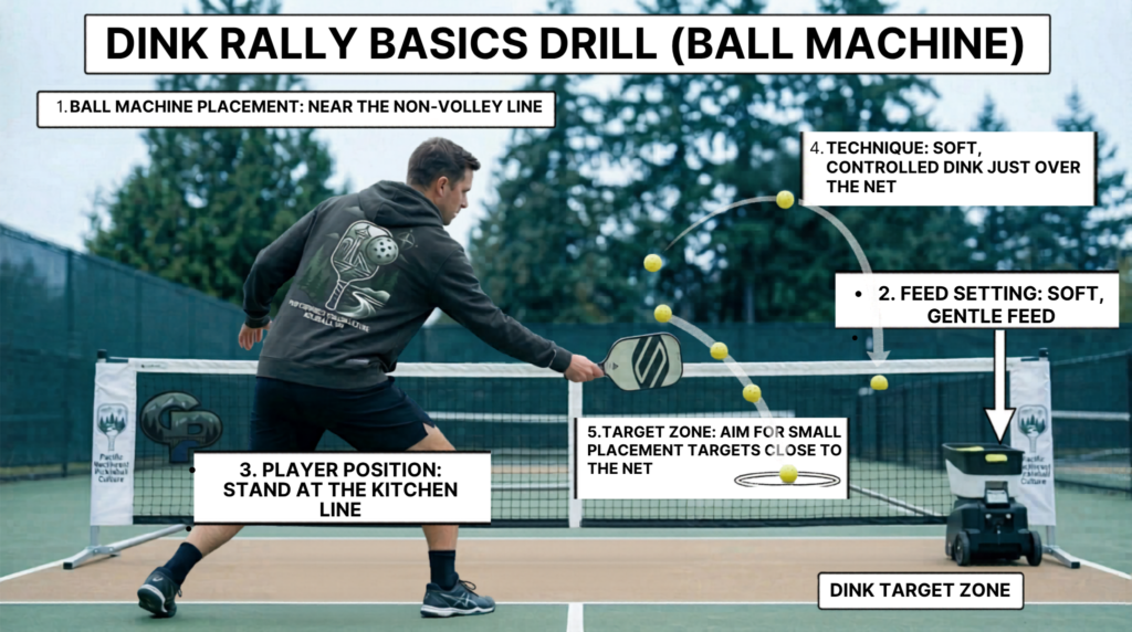 “Pickleball player at the kitchen line performing soft dinks fed by a ball machine placed near the non‑volley zone.”