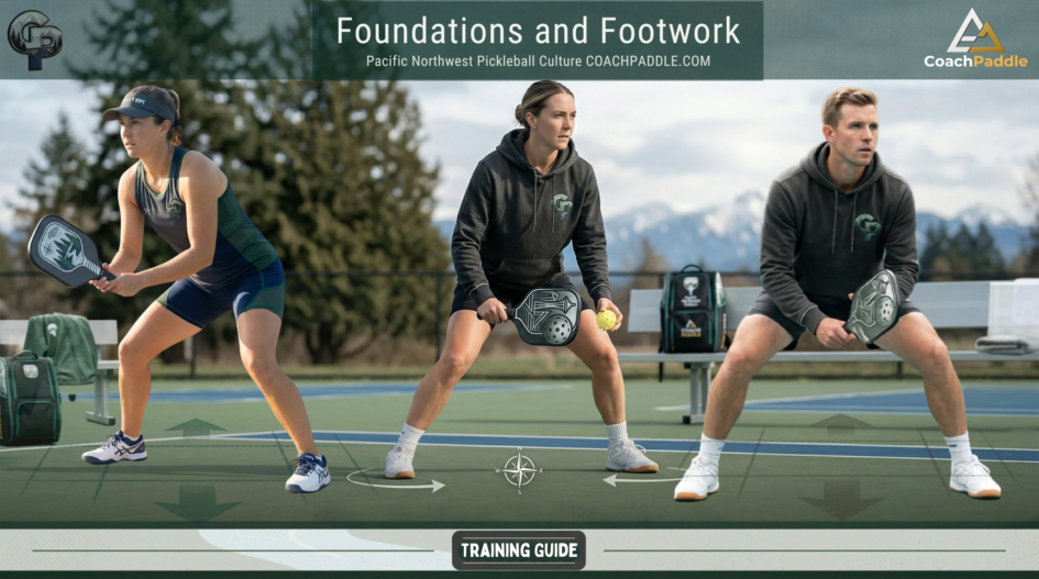 “pickleball players demonstrating foundations and footwork in ready stance on an outdoor Pacific Northwest court with mountains in the background”
