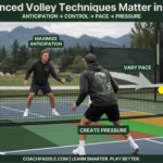“Players demonstrating Advanced Pickleball Volley Techniques at the kitchen line with labeled benefits like anticipation, control, pace, and pressure.”