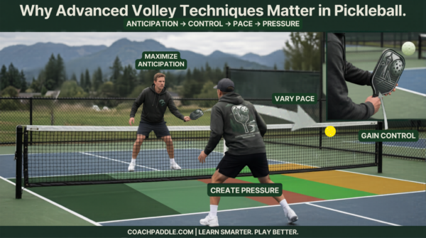 “Players demonstrating Advanced Pickleball Volley Techniques at the kitchen line with labeled benefits like anticipation, control, pace, and pressure.”