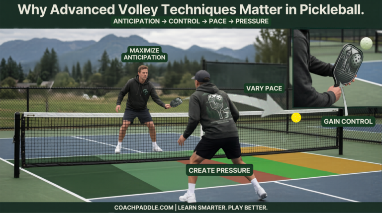 “Players demonstrating Advanced Pickleball Volley Techniques at the kitchen line with labeled benefits like anticipation, control, pace, and pressure.”