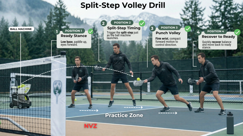 “Player timing a split‑step and punching a volley as a pickleball ball machine feeds quick, net‑height balls.”
