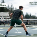 Advanced player performing the pickleball split step for advanced players, landing on contact with a low, balanced stance.