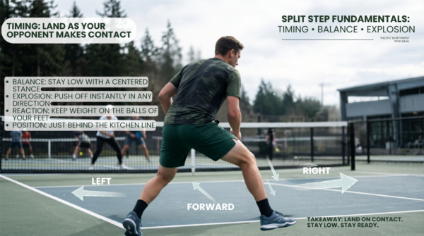 Advanced player performing the pickleball split step for advanced players, landing on contact with a low, balanced stance.
