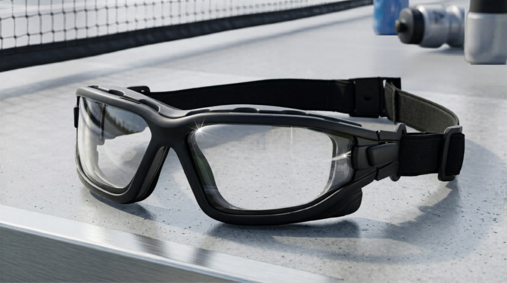 A lineup of pickleball protective eyewear showing different styles such as wraparound sport glasses, mirrored sunglasses, and high‑impact goggles.