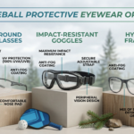 Different styles of pickleball protective eyewear, including wraparound glasses and sport goggles designed for impact protection.