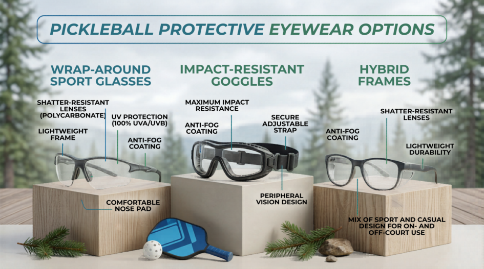 Different styles of pickleball protective eyewear, including wraparound glasses and sport goggles designed for impact protection.