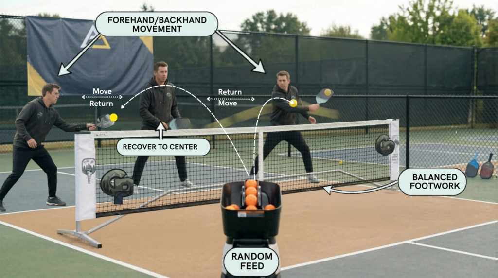 “Pickleball player reacting to random oscillation feeds from a ball machine, moving between forehand and backhand shots.”