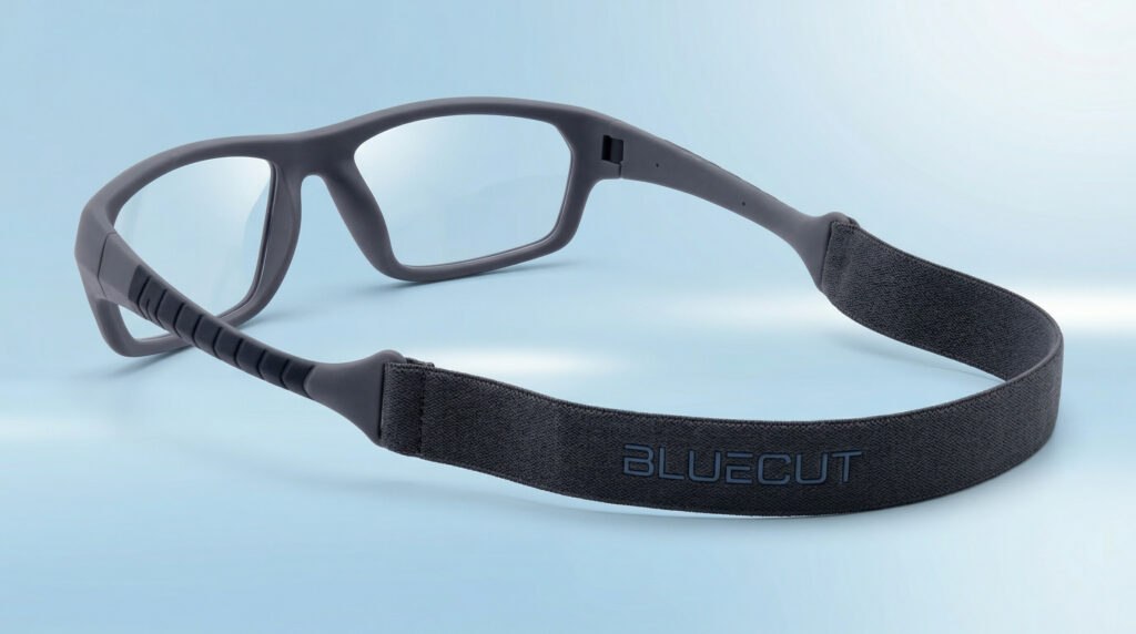 Athletic performance eyewear with impact‑resistant lenses, adjustable straps, and a durable TR‑90 frame displayed on a blue background.