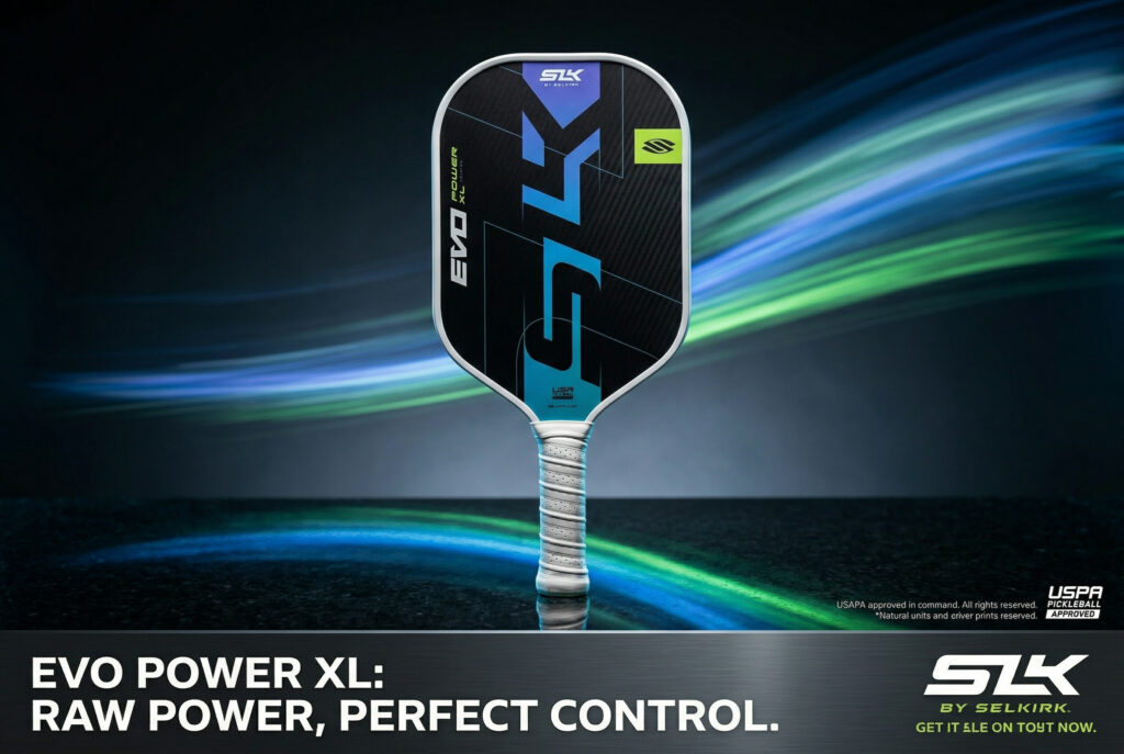“SLK by Selkirk EVO Power XL pickleball paddle with black face and blue‑green accents, shown upright with textured grip.”