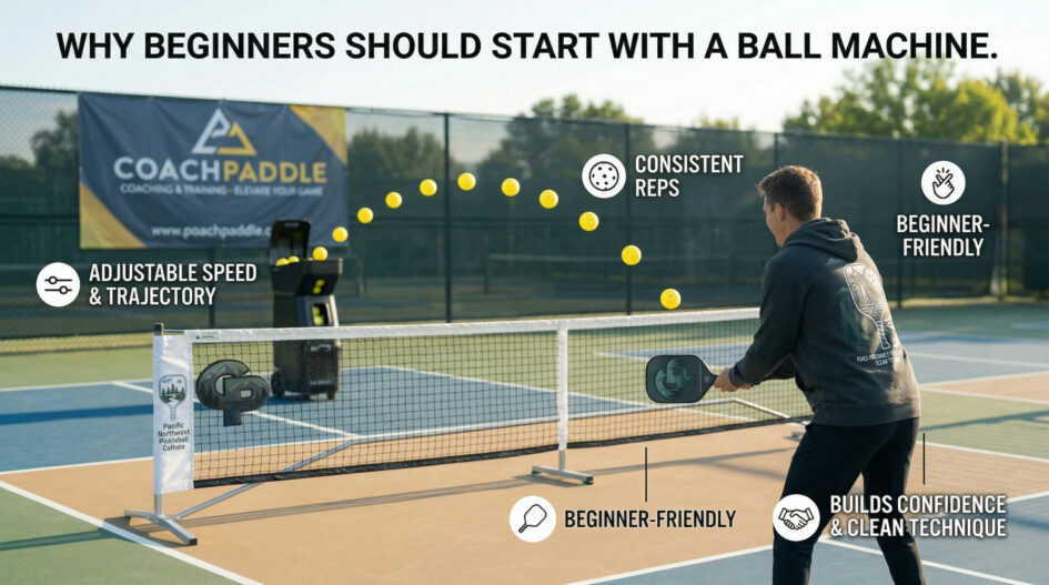 ALT: “Beginner pickleball player practicing with a ball machine on an outdoor court, showing consistent feeds and controlled strokes for confidence-building reps.”