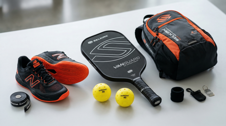 “Ultra‑realistic photo of pickleball gear including a carbon fiber paddle, balls, shoes, and a bag arranged on a clean surface.”