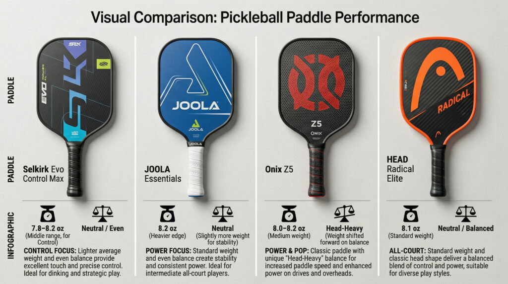 “Weight comparison of Selkirk Evo Control Max, JOOLA Essentials, Onix Z5, and HEAD Radical Elite pickleball paddles showing differences in balance and handling.”