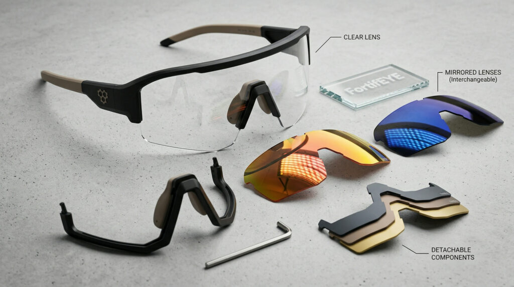 Pickleball protective eyewear options displayed side by side, including sport sunglasses and impact‑resistant goggles.