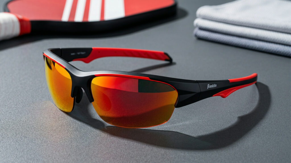 Sleek Franklin sports sunglasses with a black frame, red accents, and mirrored red‑orange lenses.