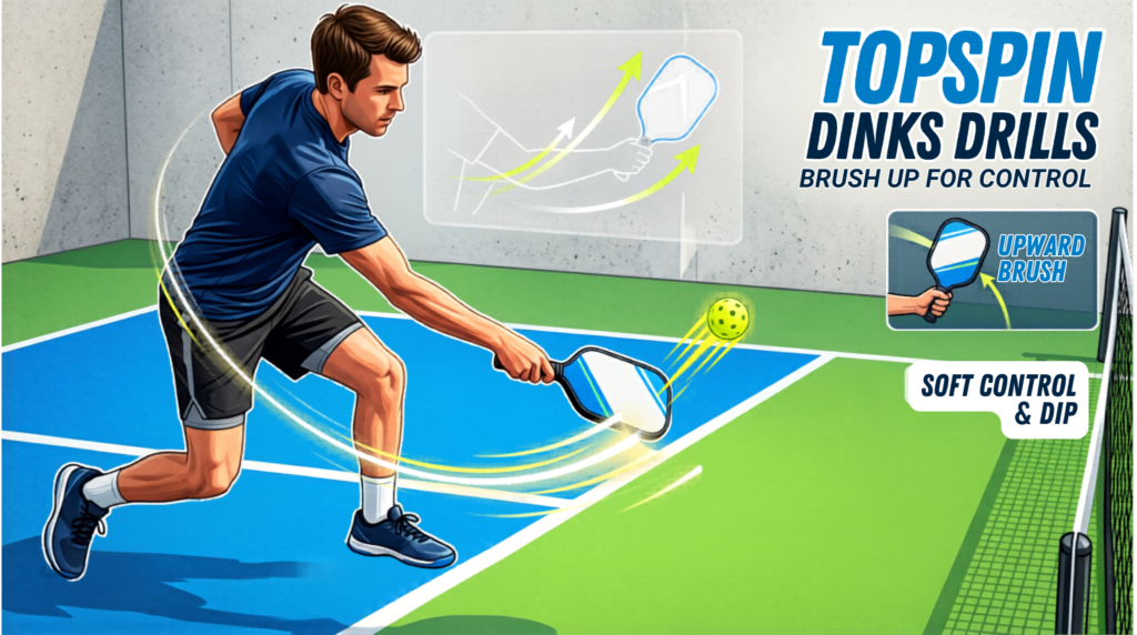 Player practicing topspin dinks drills at the kitchen line, brushing up on the ball for controlled spin.