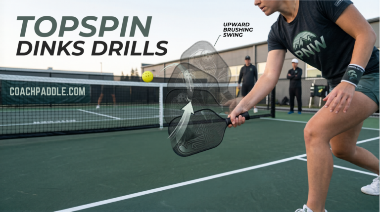 Player practicing topspin dinks drills at the kitchen line, brushing up on the ball for controlled spin.