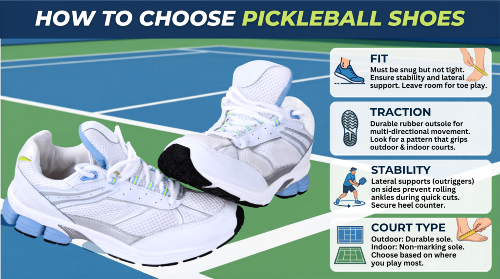 Pickleball shoe features showing traction, support, and proper court fit