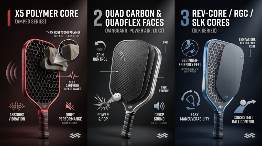 A comparison graphic showing Selkirk paddle core technologies, including the X5 Polymer Core, Quad Carbon face, and SLK Rev‑Core designs.