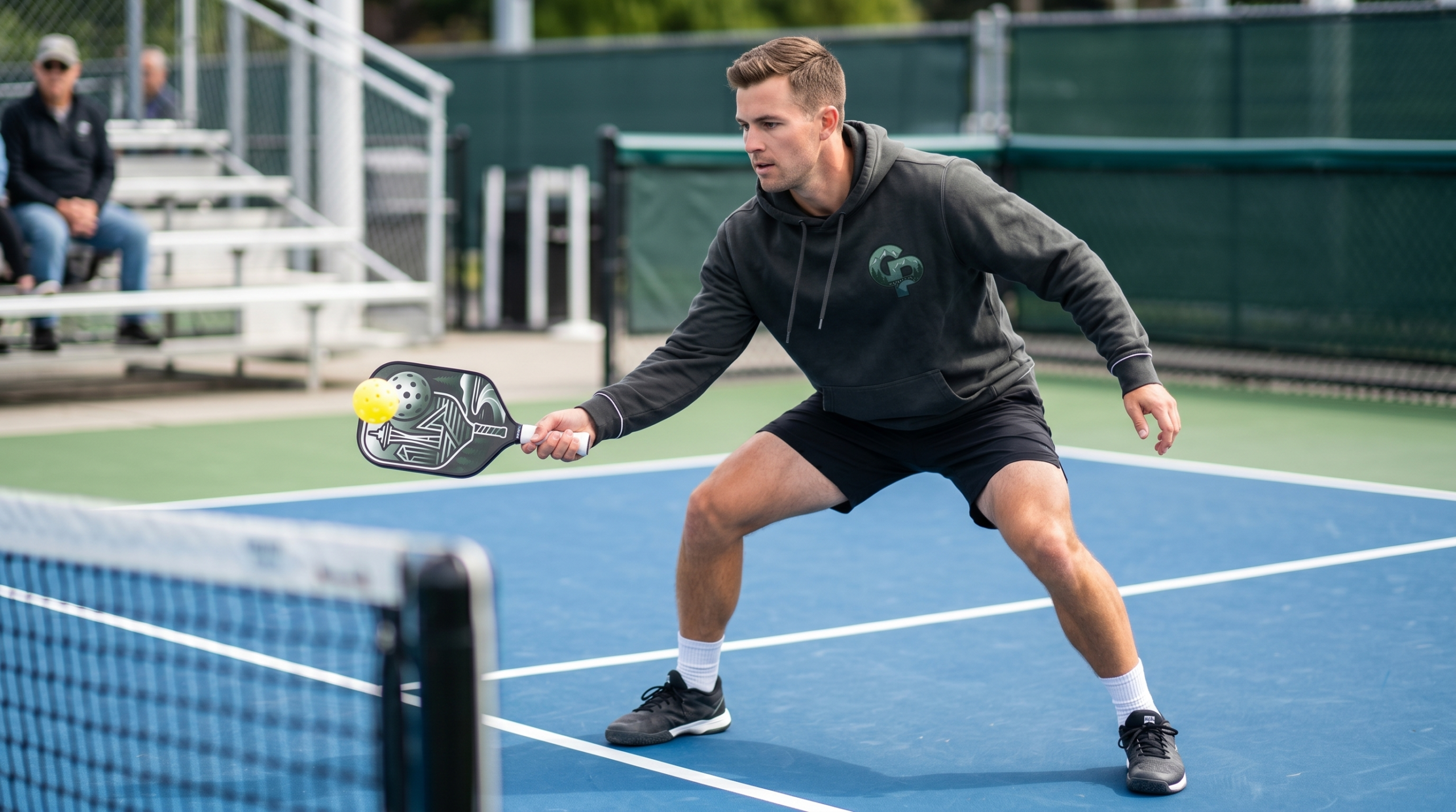 Pickleball player at the kitchen line performing a controlled volley with compact technique.