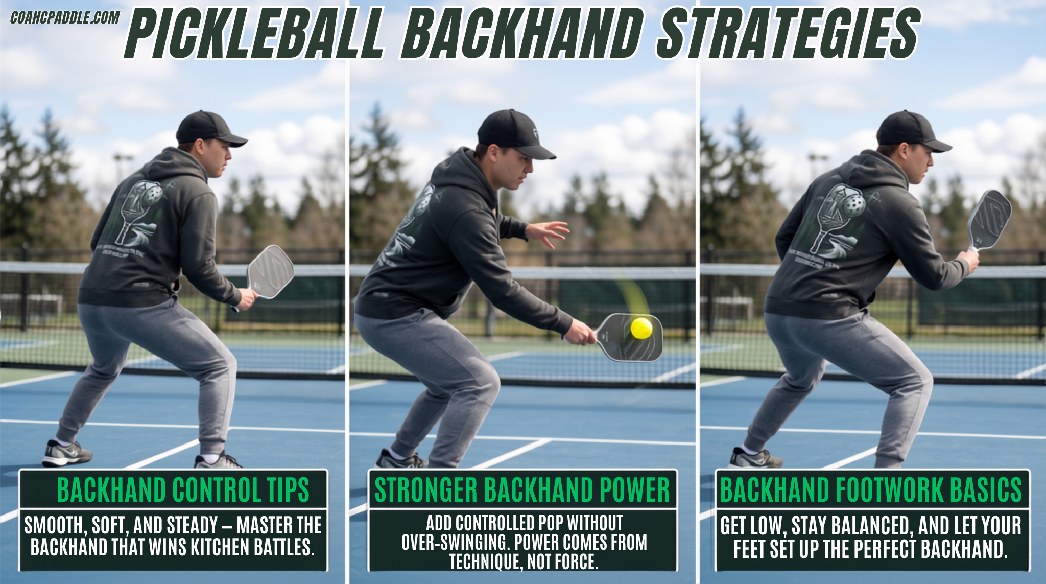 Player demonstrating a controlled pickleball backhand with soft hands at the kitchen line.