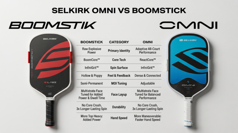 Selkirk Omni vs Boomstick paddle comparison chart showing differences in power, control, core tech, and performance.