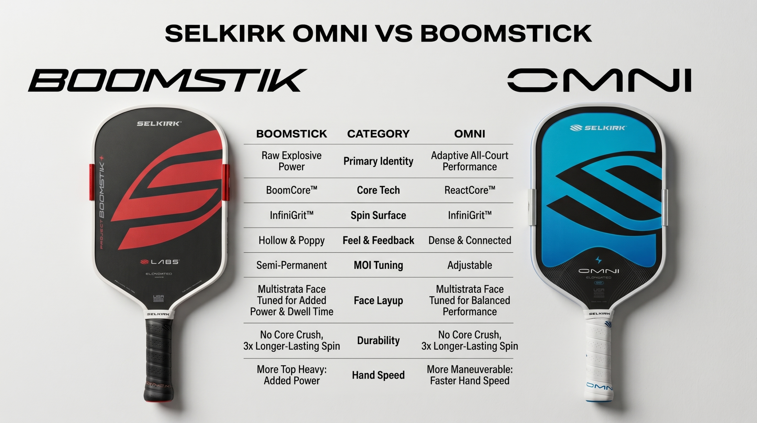 Selkirk Omni vs Boomstick paddle comparison chart showing differences in power, control, core tech, and performance.